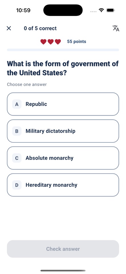Multiple-choice practice question in CiviMigo